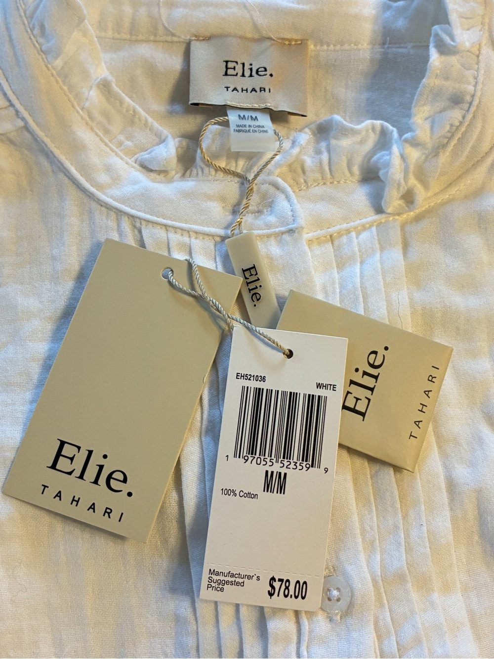 Elie Tahari White Short Sleeve Pintuck Ruffle Collar Button-Down cotton Shirt - Picture 4 of 11